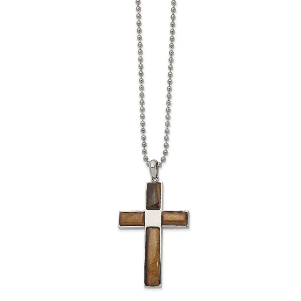 Men's Stainless Steel & Tiger's Eye Large Cross Necklace, 22 Inch